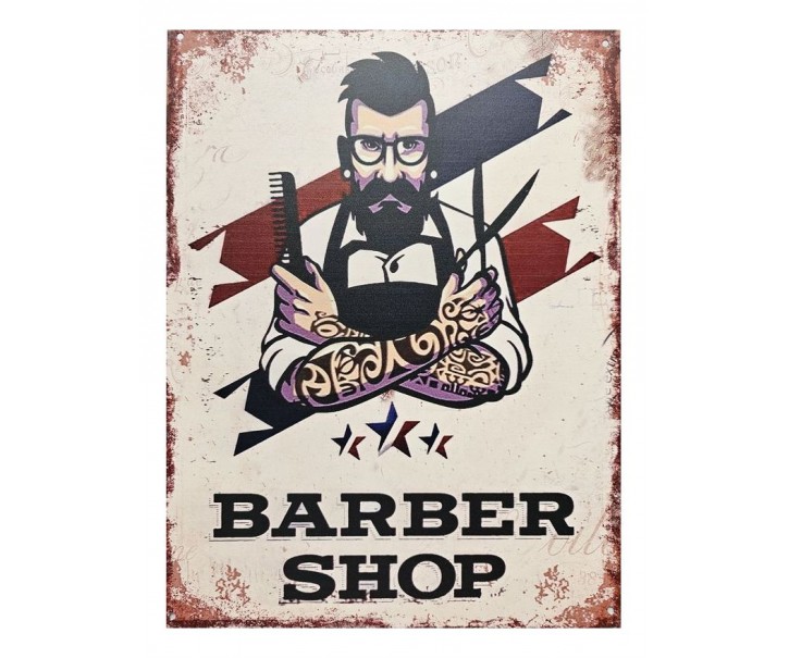 Béžová antik nástěnná kovová cedule Barber Shop - 25*33 cm Ostatn&iacute;