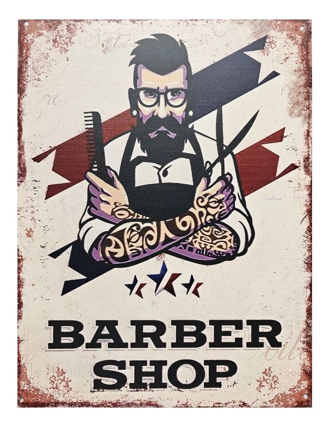 Béžová antik nástěnná kovová cedule Barber Shop - 25*33 cm Ostatní Béžová antik nástěnná kovová cedule Barber Shop - 25*33 cm Ostatní