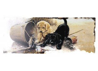 Béžová antik nástěnná kovová cedule se štěnátky - 50*20cm