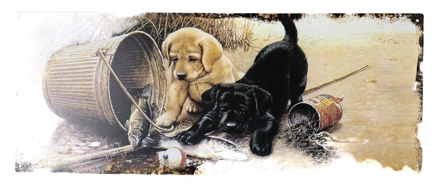 Béžová antik nástěnná kovová cedule se štěnátky - 50*20cm Ostatní Béžová antik nástěnná kovová cedule se štěnátky - 50*20cm Ostatní