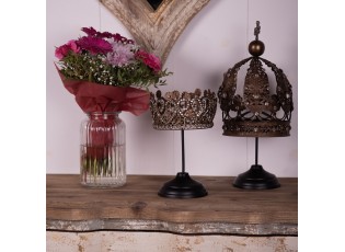 Hnědá antik dekorace koruna Crown na noze s kamínky - Ø 16*40 cm