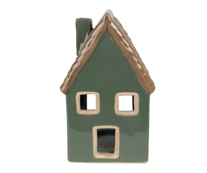 Zelený porcelánový domek svícen na čajovou svíčku Christmas House - 9*8*15 cm Clayre & Eef