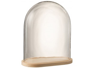 Přírodní dřevěný oválný podnos se skleněným poklopem Bell Jar - 43*23*51 cm