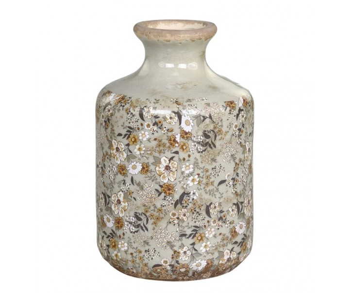 Zelená keramická dekorační váza s kvítky Florals Evry - Ø 11*17cm Chic Antique