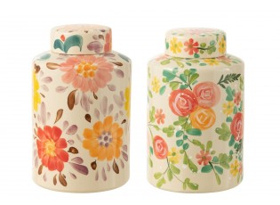 2ks béžová keramická dóza s květy Lacy Flower - Ø21*33cm 