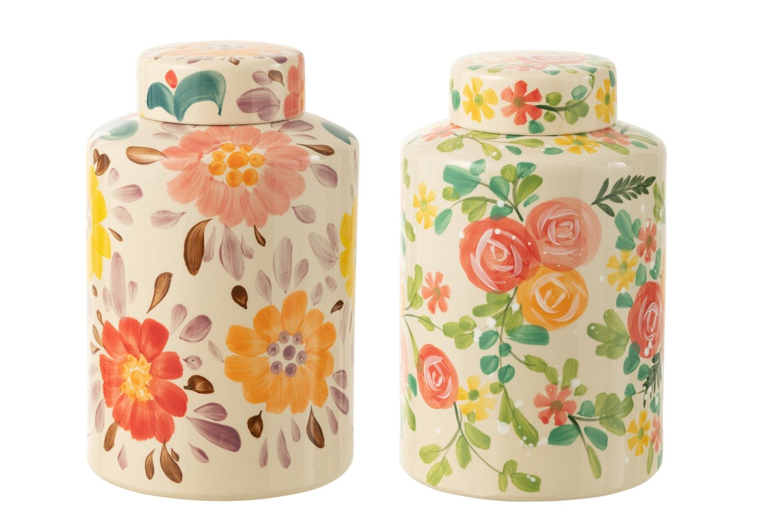 2ks béžová keramická dóza s květy Lacy Flower - Ø21*33cm 