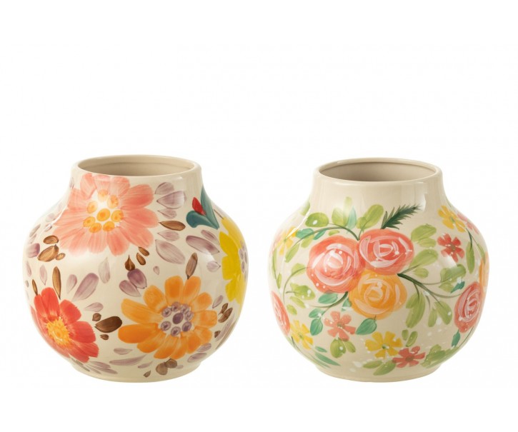2ks béžová keramická váza s květy Lacy Flower - Ø22*21cm J-Line by Jolipa