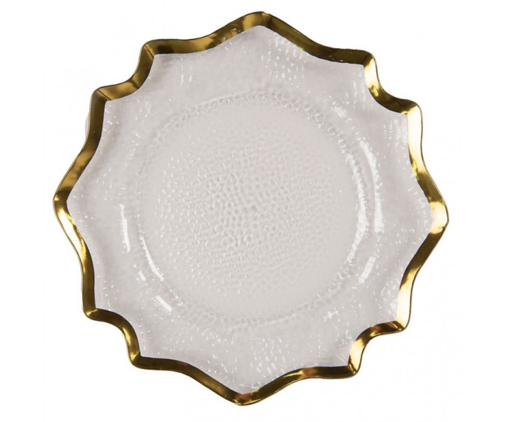Transparentní servírovací talíř s vlnitým zlatým okrajem - Ø 33*1 cm Clayre & Eef
