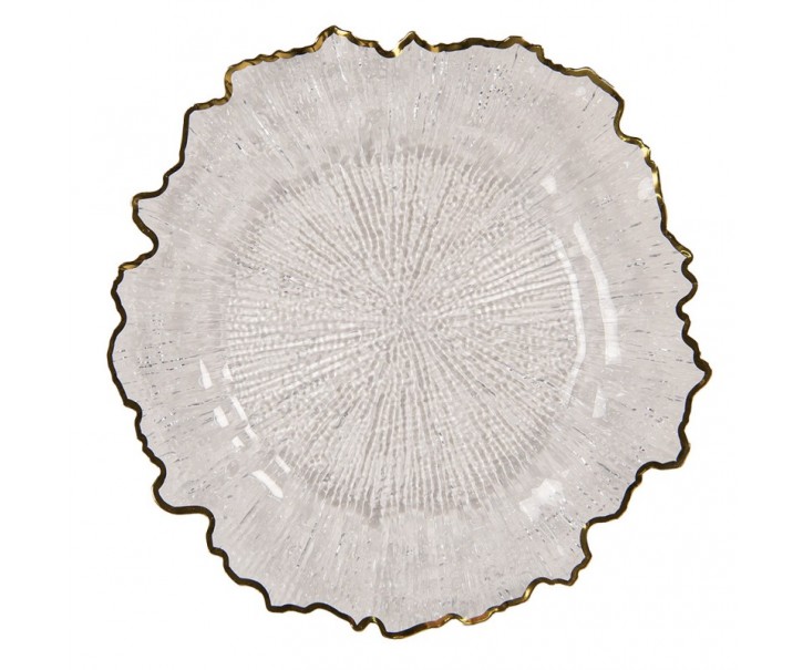 Transparentní servírovací talíř s vlnitým zlatým okrajem - Ø 33*1 cm Clayre & Eef