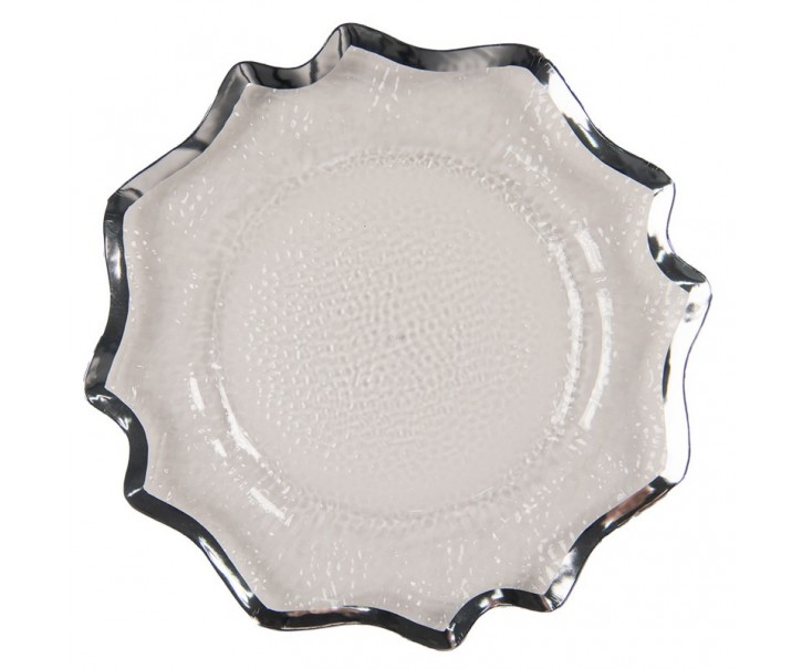 Transparentní servírovací talíř s vlnitým stříbrným okrajem - Ø 33*1 cm Clayre & Eef