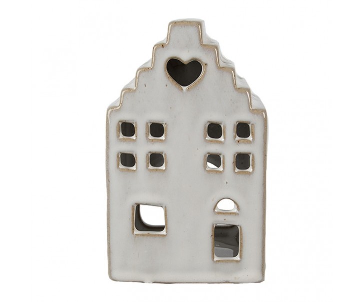 Béžový porcelánový domek svícen na čajovou svíčku Christmas House M - 9*7*14 cm Clayre & Eef