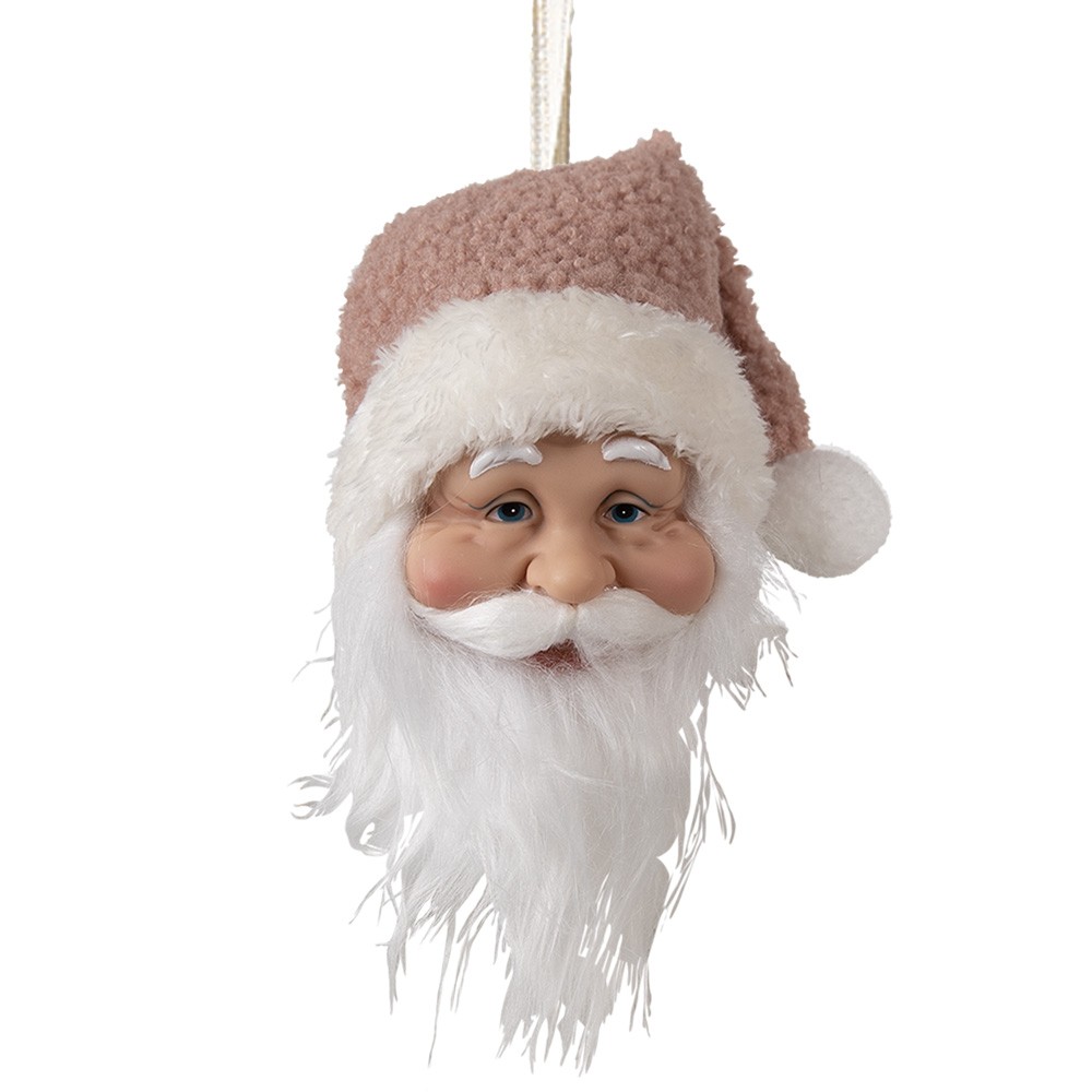 Závěsná dekorace hlava Santa s růžovou čepicí - 10*9*28 cm