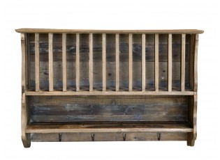 Hnědá antik dřevěná nástěnná polička s přihrádkami a háčky Plate Rack - 80*20*55 cm