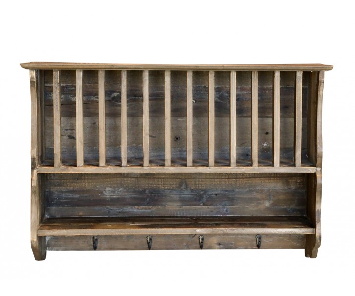 Hnědá antik dřevěná nástěnná polička s přihrádkami a háčky Plate Rack - 80*20*55 cm Chic Antique