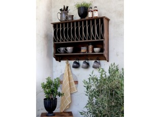 Hnědá antik dřevěná nástěnná polička s přihrádkami a háčky Plate Rack - 80*20*55 cm