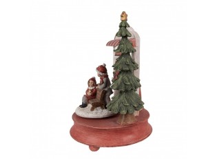 Červená vánoční hrací skříňka Santa s dětmi a stromkem - 14*11*23 cm