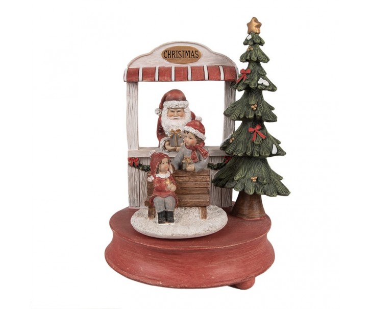 Červená vánoční hrací skříňka Santa s dětmi a stromkem - 14*11*23 cm Clayre & Eef