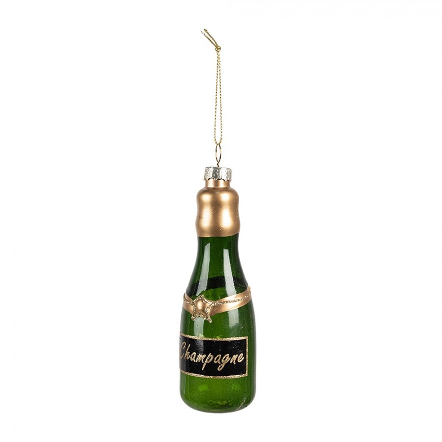 Zelená vánoční skleněná ozdoba láhev šampaňské Champagne - Ø 4*12 cm Clayre & Eef Zelená vánoční skleněná ozdoba láhev šampaňské Champagne - Ø 4*12 cm Clayre & Eef