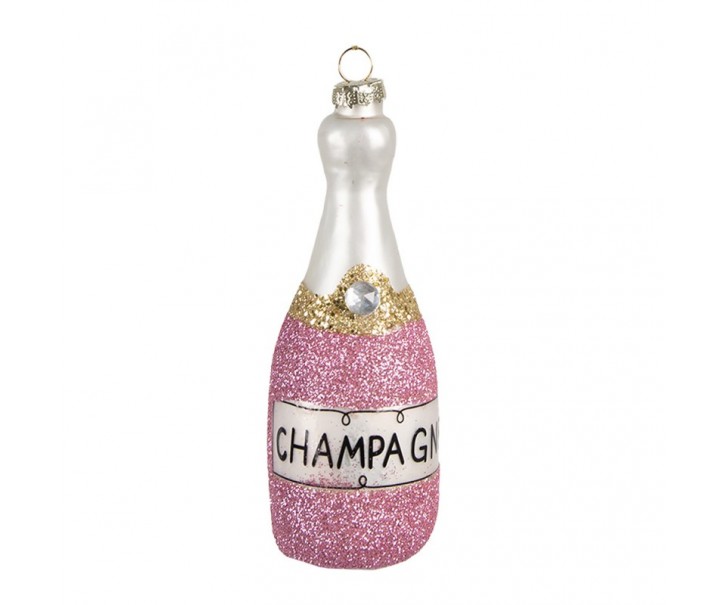 Růžová vánoční skleněná ozdoba láhev šampaňské Champagne - Ø 4*12 cm Clayre & Eef