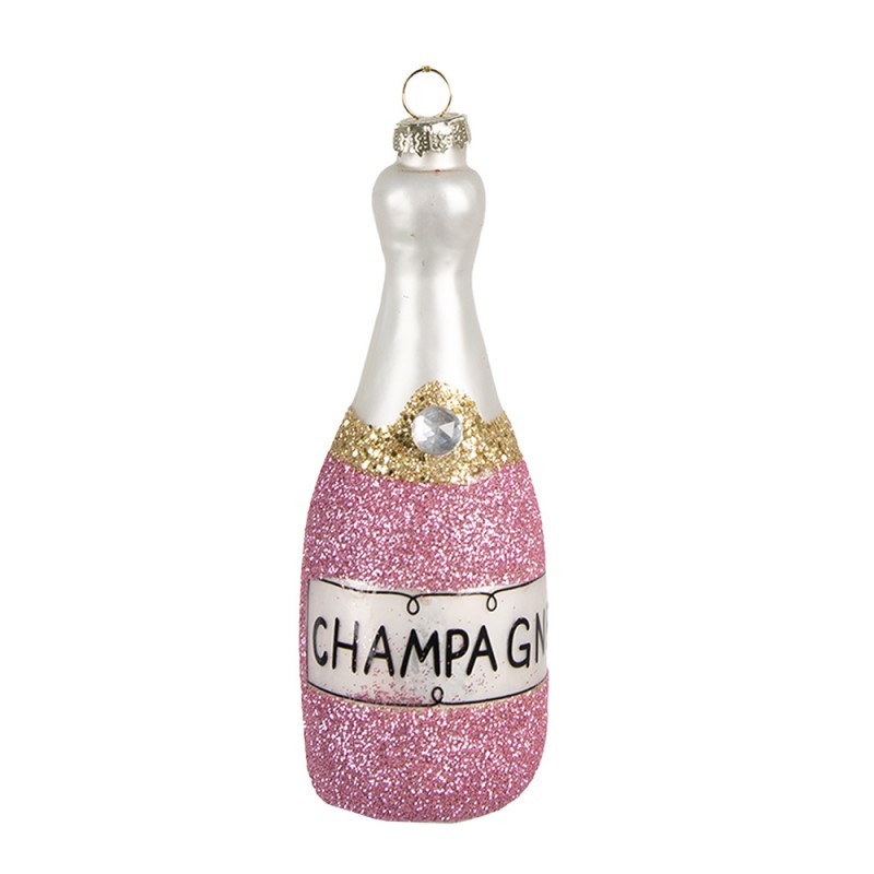 Růžová vánoční skleněná ozdoba láhev šampaňské Champagne - Ø 4*12 cm Clayre & Eef Růžová vánoční skleněná ozdoba láhev šampaňské Champagne - Ø 4*12 cm Clayre & Eef