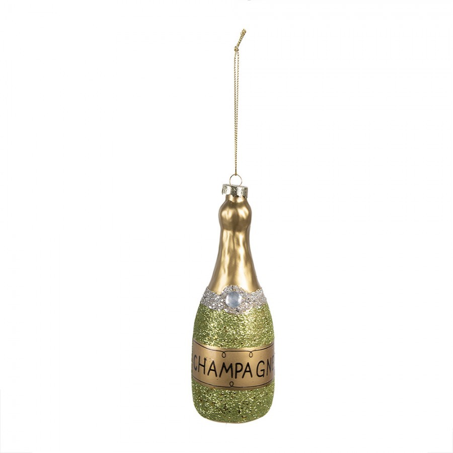 Zelená vánoční skleněná ozdoba láhev šampaňské Champagne - Ø 4*12 cm Clayre & Eef Zelená vánoční skleněná ozdoba láhev šampaňské Champagne - Ø 4*12 cm Clayre & Eef