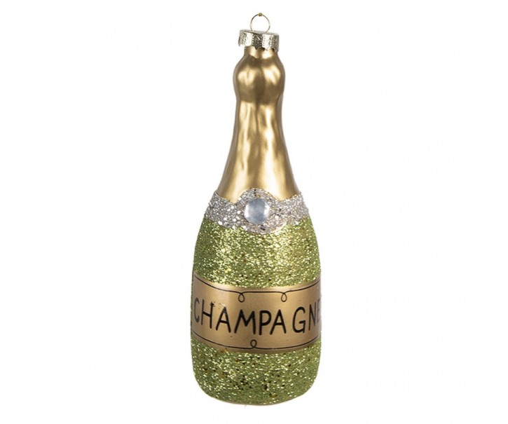 Zelená vánoční skleněná ozdoba láhev šampaňské Champagne - Ø 4*12 cm Clayre & Eef