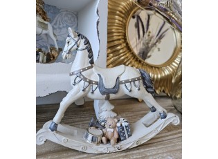Bílo - šedá antik vánoční dekorace houpací koník - 21*5*18 cm