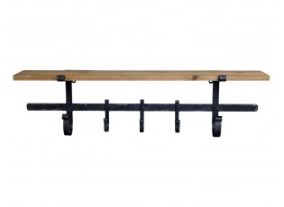 Hnědá antik dřevěná nástěnná polička s kovovými háčky Hael - 92*18*25cm