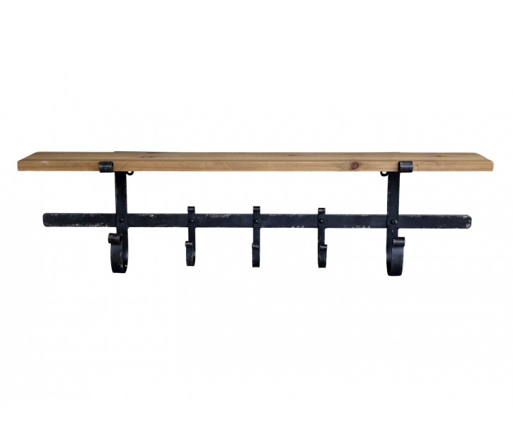 Hnědá antik dřevěná nástěnná polička s kovovými háčky Hael - 92*18*25cm Chic Antique