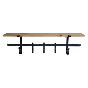 Hnědá antik dřevěná nástěnná polička s kovovými háčky Hael - 92*18*25cm