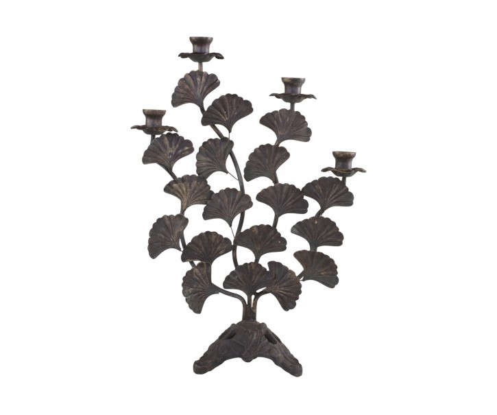 Mosazný antik kovový svícen s listy Ginkgo Old French - 34*14*46 cm