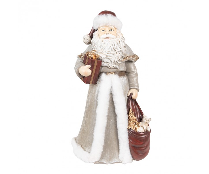 Vánoční dekorace socha Santa v šedém kabátku a dárky - 16*16*31 cm Clayre & Eef