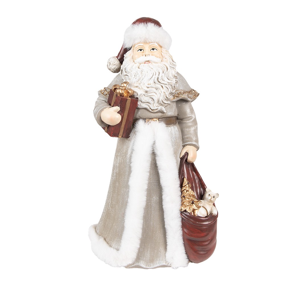 Vánoční dekorace socha Santa v šedém kabátku a dárky - 16*16*31 cm