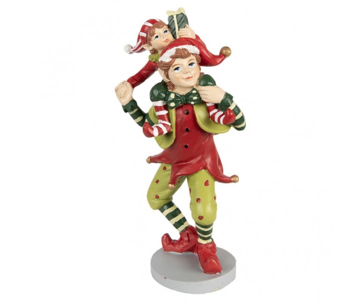 Zeleno - červená vánoční dekorace socha Elf - 12*9*19 cm Clayre & Eef