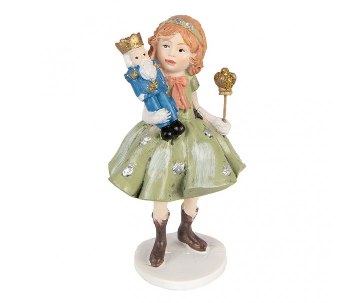 Dekorace socha děvčátko v zelených šatech držící Louskáčka - 7*6*12 cm Clayre & Eef