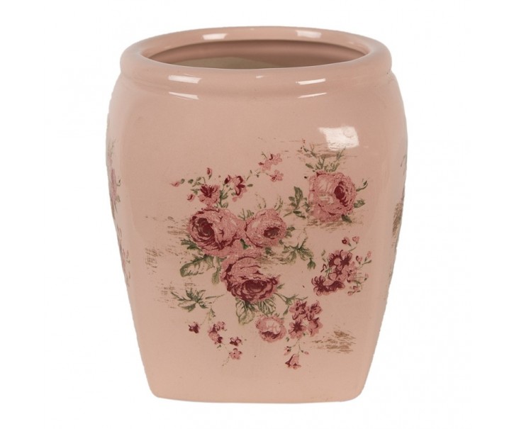 Růžový keramický obal na květináč s růžemi Rósa S - 12*12*14 cm Clayre & Eef