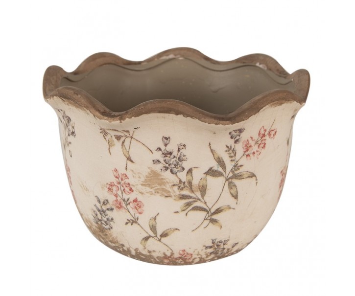 Béžový keramický obal na květináč s lučními květy Monnia M - Ø 17*11cm Clayre & Eef