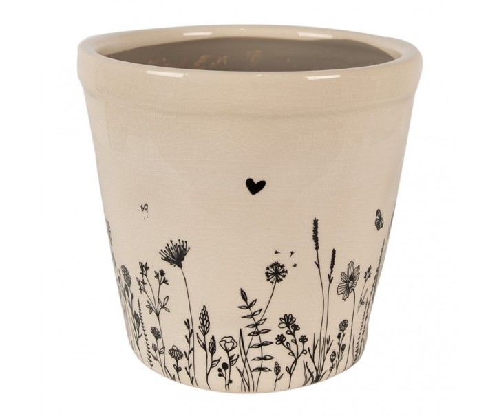 Béžový keramický obal na květináč s lučními květy Flora And Fauna M - Ø 15*14cm Clayre & Eef