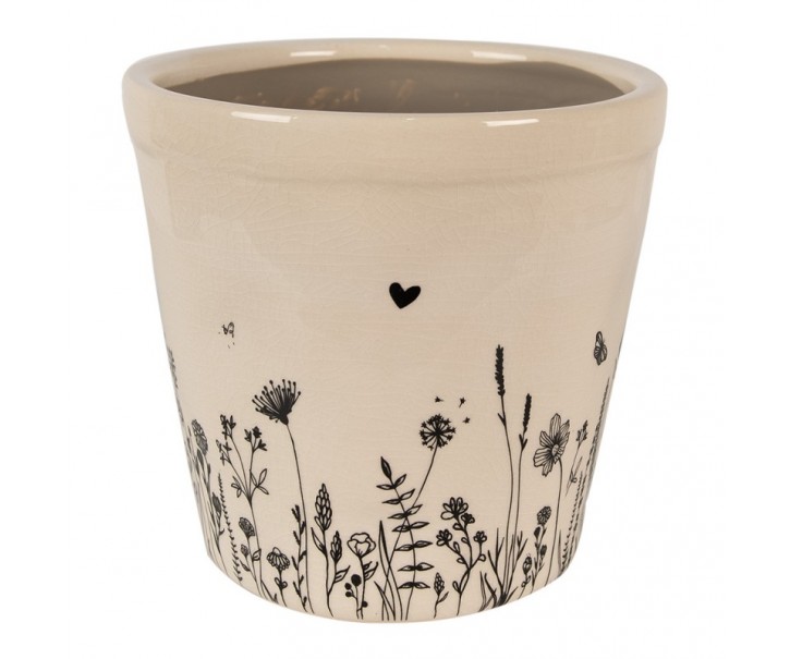 Béžový keramický obal na květináč s lučními květy Flora And Fauna XL - Ø 21*20cm Clayre & Eef