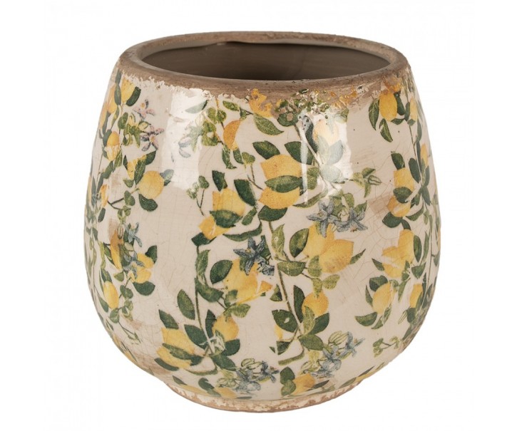 Béžový keramický obal na květináč s citróny Lemons L - Ø 18*17 cm Clayre & Eef