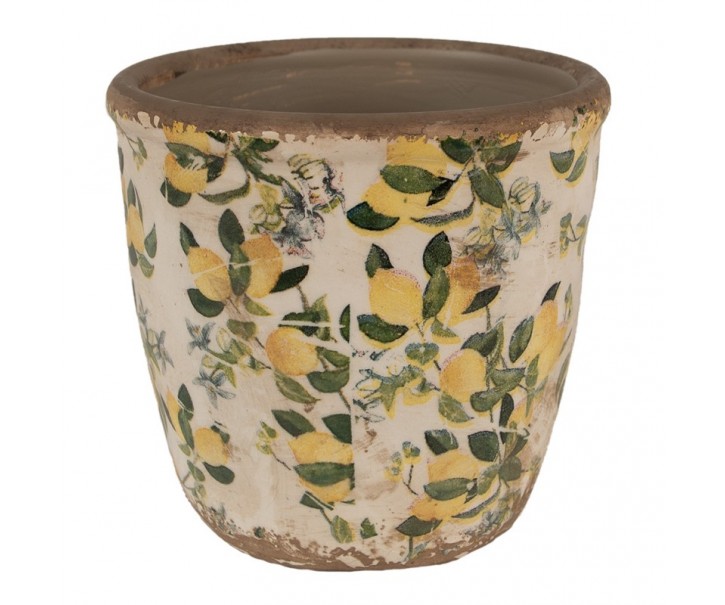 Béžový keramický obal na květináč s citróny Lemons M - Ø 14*13 cm Clayre & Eef