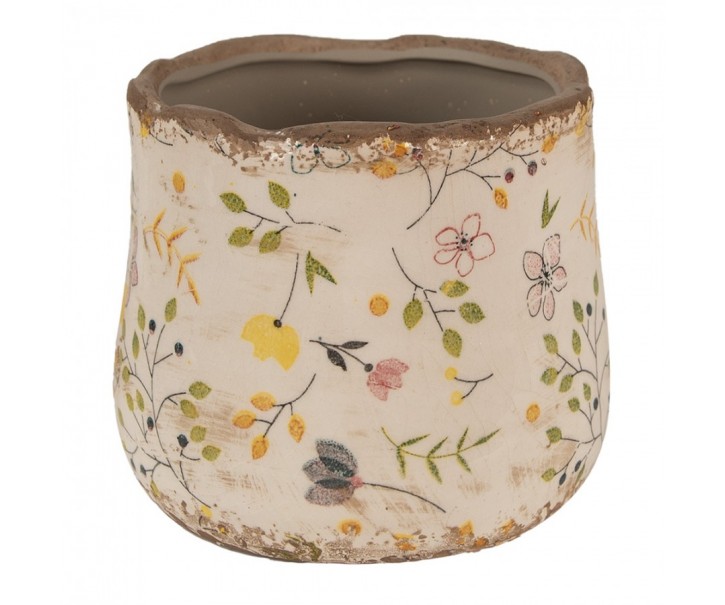 Béžový keramický obal na květináč se žlutými kvítky Ylla XS - Ø 11*10 cm Clayre & Eef