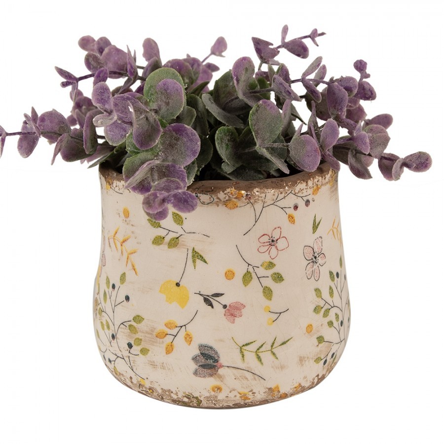 Béžový keramický obal na květináč se žlutými kvítky Ylla XS - Ø 11*10 cm Clayre & Eef Béžový keramický obal na květináč se žlutými kvítky Ylla XS - Ø 11*10 cm Clayre & Eef