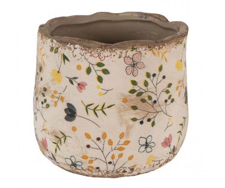 Béžový keramický obal na květináč se žlutými kvítky Ylla S - Ø 14*12 cm Clayre & Eef