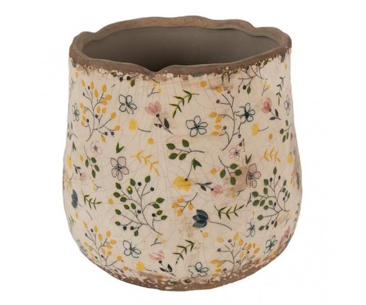 Béžový keramický obal na květináč se žlutými kvítky Ylla L - Ø 21*19 cm Clayre & Eef