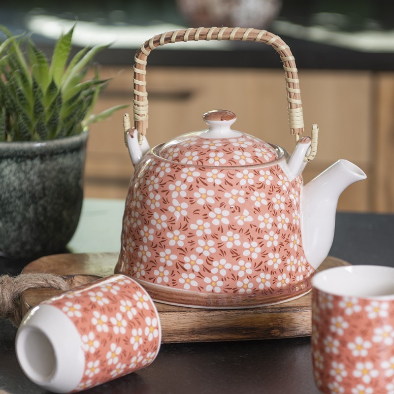 Lososová konvička se sítkem a kytičkami - 18*14*12 cm / 0,7L Clayre & Eef Lososová konvička se sítkem a kytičkami - 18*14*12 cm / 0,7L Clayre & Eef
