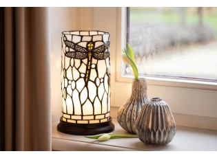 Bílá válcovitá stolní lampa Tiffany s vážkou DragonFly - Ø 15*26 cm E14/max 1*40W