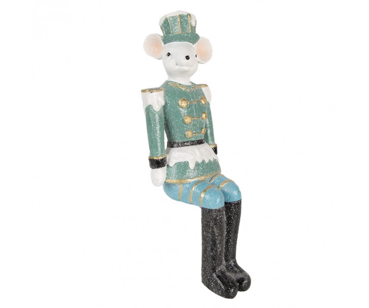Zeleno-modrá dekorace sedící socha Myška v uniformě - 10*7*19 cm Clayre & Eef