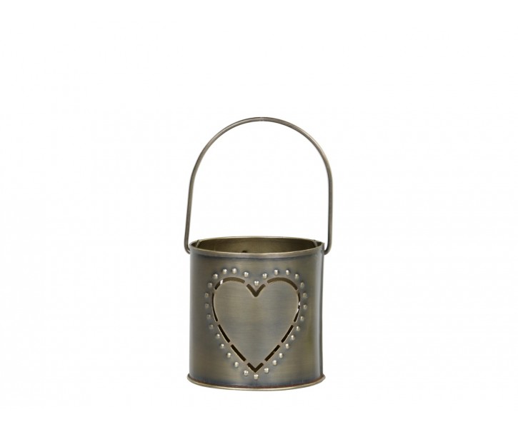 Mosazný antik kovový svícen se srdíčkem a držadlem Heart - 8*8 cm Chic Antique