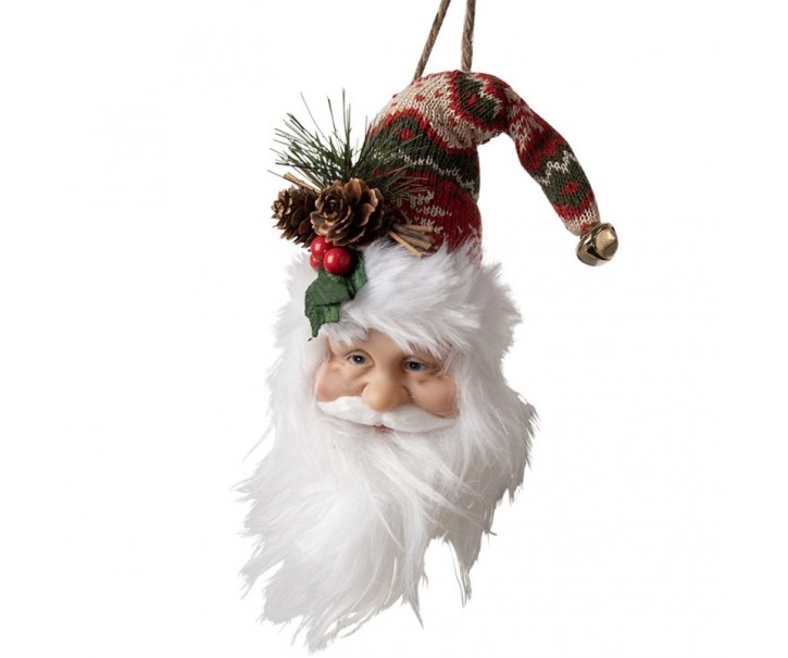 Závěsná dekorace hlava Santa s barevnou čepicí - 10*9*28 cm Clayre & Eef